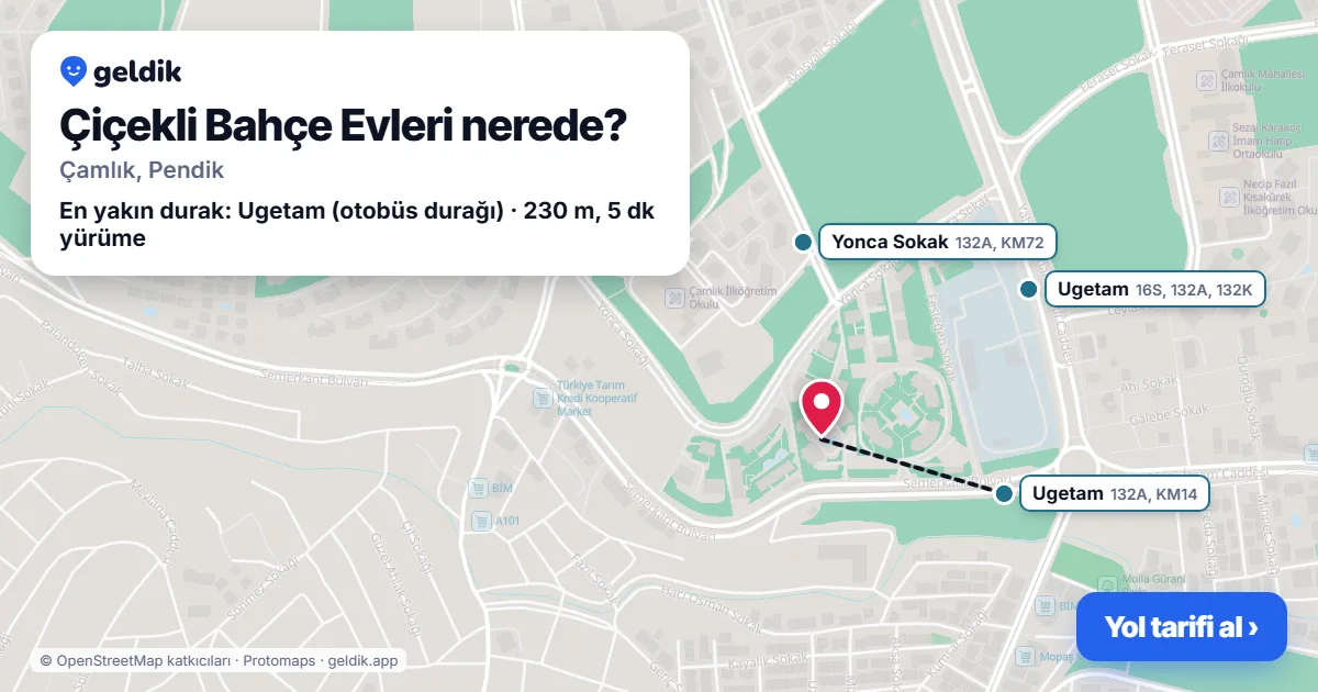 Where is Çiçekli Bahçe Evleri: map with its location and the nearest stops, with walking times