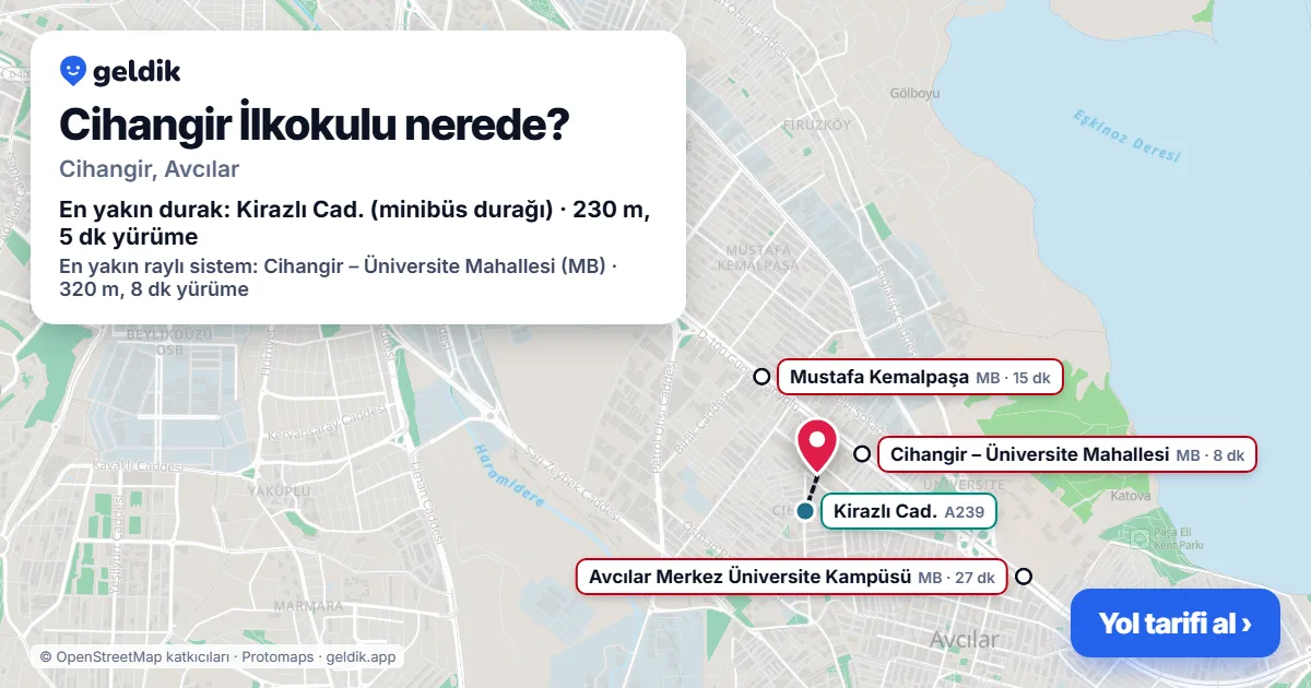 Cihangir İlkokulu nerede: haritada konumu ve en yakın duraklar, yürüme süreleriyle