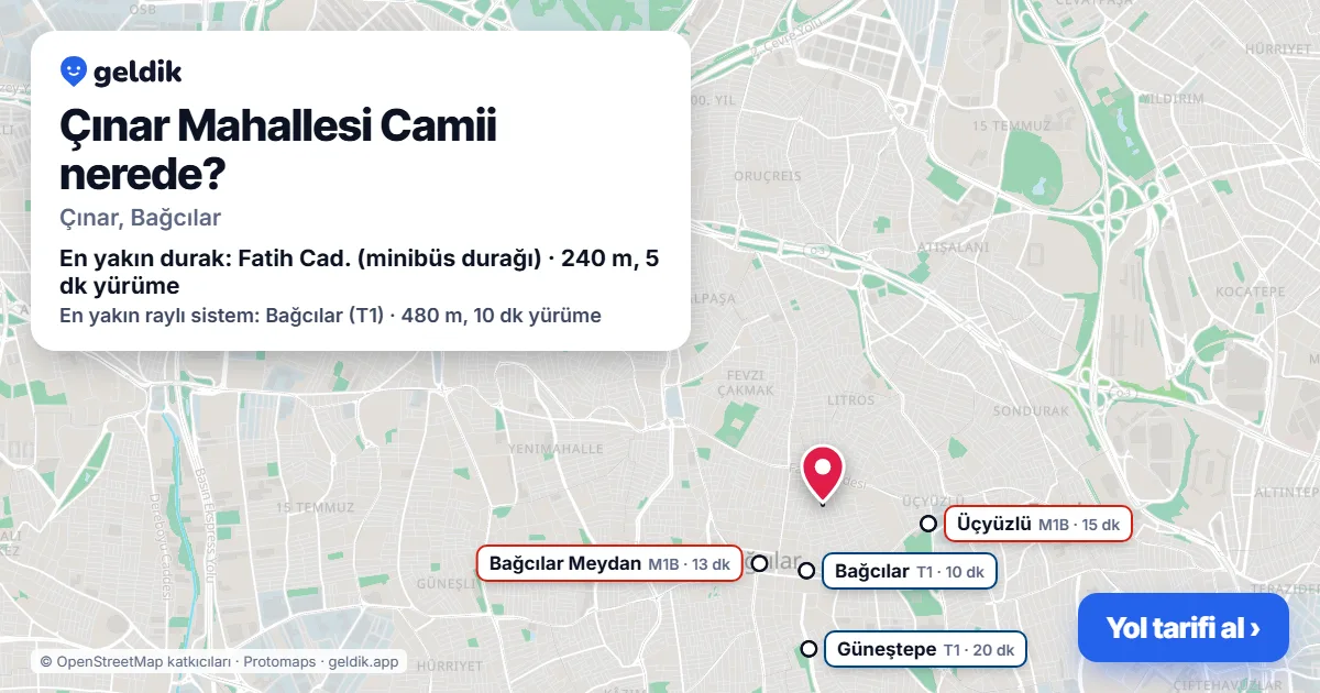 Where is Çınar Mahallesi Camii: map with its location and the nearest stops, with walking times