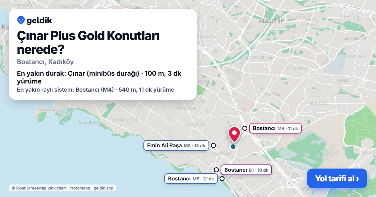 Çınar Plus Gold Konutları nerede: haritada konumu ve en yakın duraklar, yürüme süreleriyle