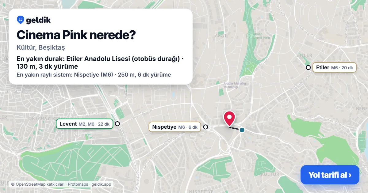 Where is Cinema Pink: map with its location and the nearest stops, with walking times