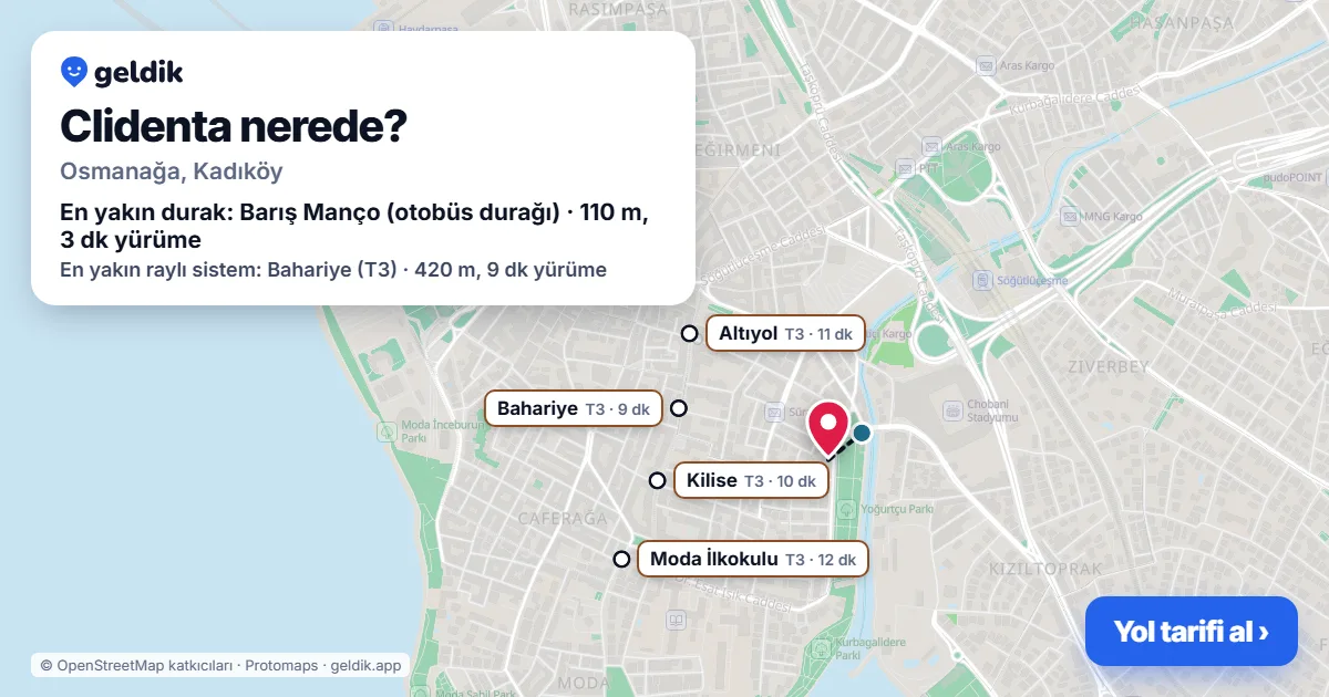 Clidenta nerede: haritada konumu ve en yakın duraklar, yürüme süreleriyle
