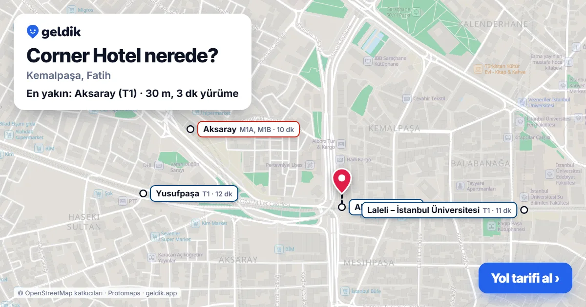 Corner Hotel nerede: haritada konumu ve en yakın duraklar, yürüme süreleriyle