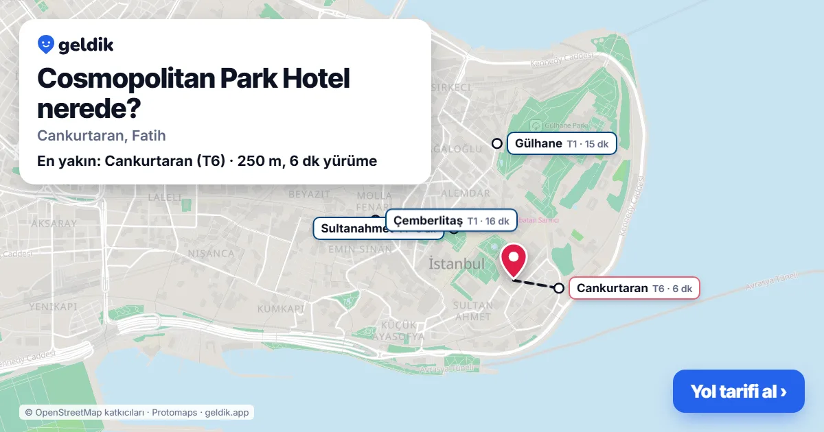 Cosmopolitan Park Hotel nerede: haritada konumu ve en yakın duraklar, yürüme süreleriyle