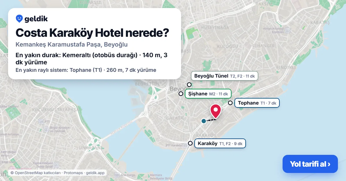 Costa Karaköy Hotel nerede: haritada konumu ve en yakın duraklar, yürüme süreleriyle