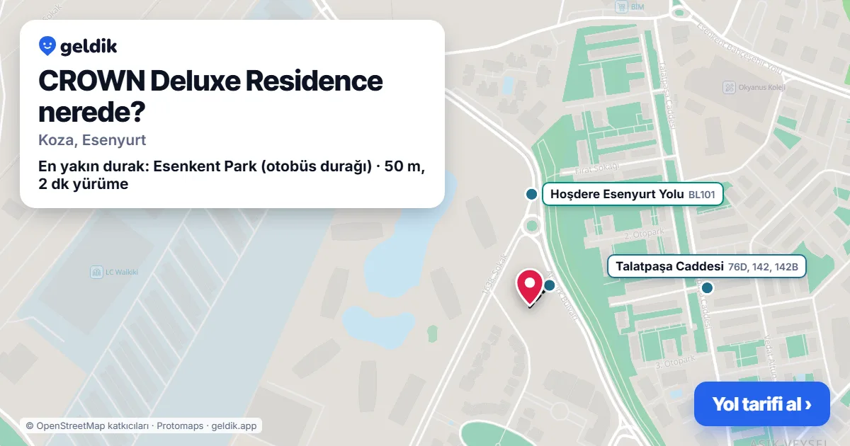 CROWN Deluxe Residence nerede: haritada konumu ve en yakın duraklar, yürüme süreleriyle