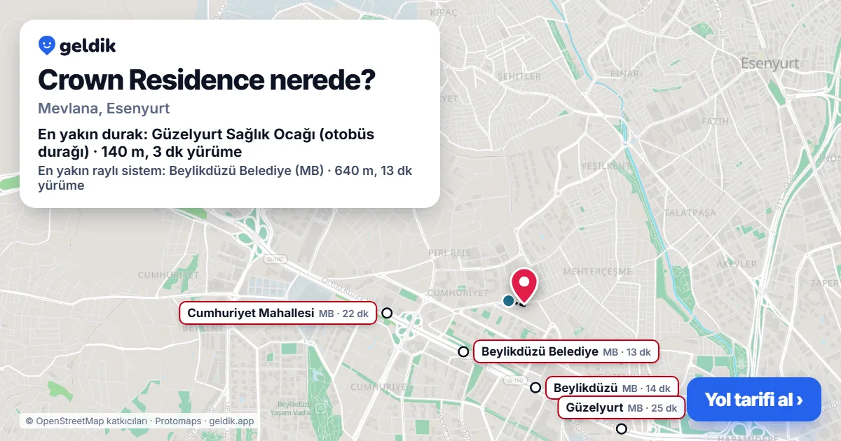 Where is Crown Residence: map with its location and the nearest stops, with walking times
