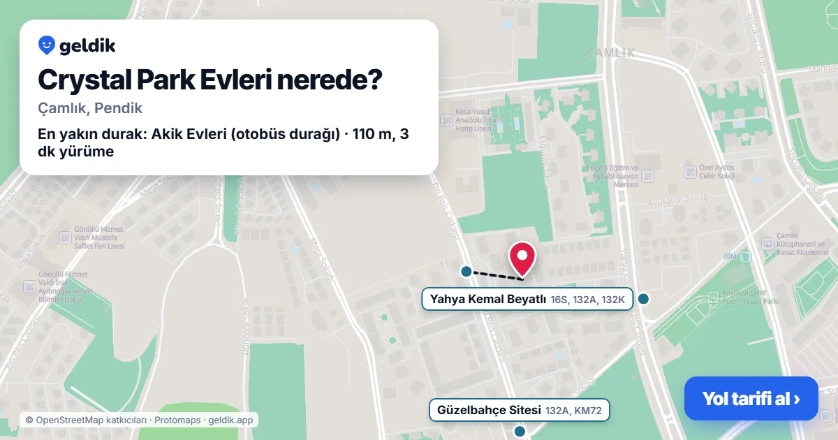 Crystal Park Evleri nerede: haritada konumu ve en yakın duraklar, yürüme süreleriyle