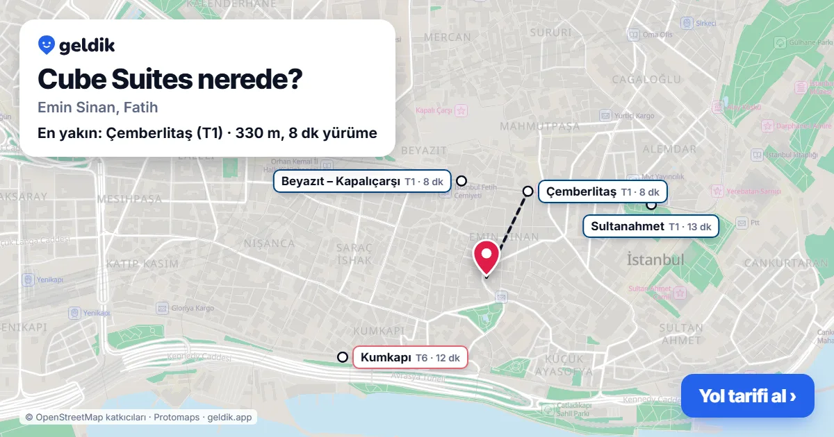Cube Suites nerede: haritada konumu ve en yakın duraklar, yürüme süreleriyle