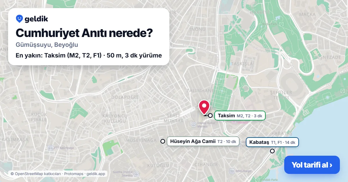 Cumhuriyet Anıtı nerede: haritada konumu ve en yakın duraklar, yürüme süreleriyle