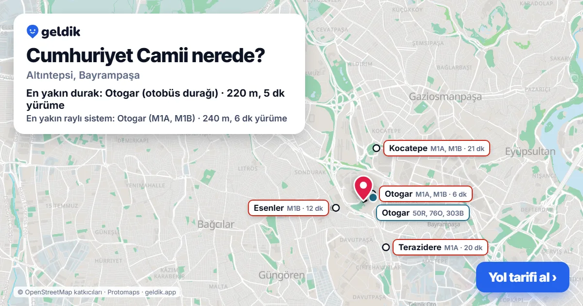 Cumhuriyet Camii nerede: haritada konumu ve en yakın duraklar, yürüme süreleriyle