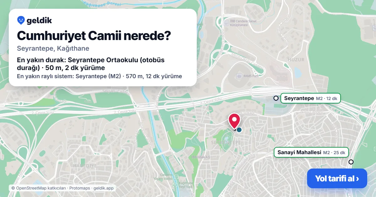 Cumhuriyet Camii nerede: haritada konumu ve en yakın duraklar, yürüme süreleriyle