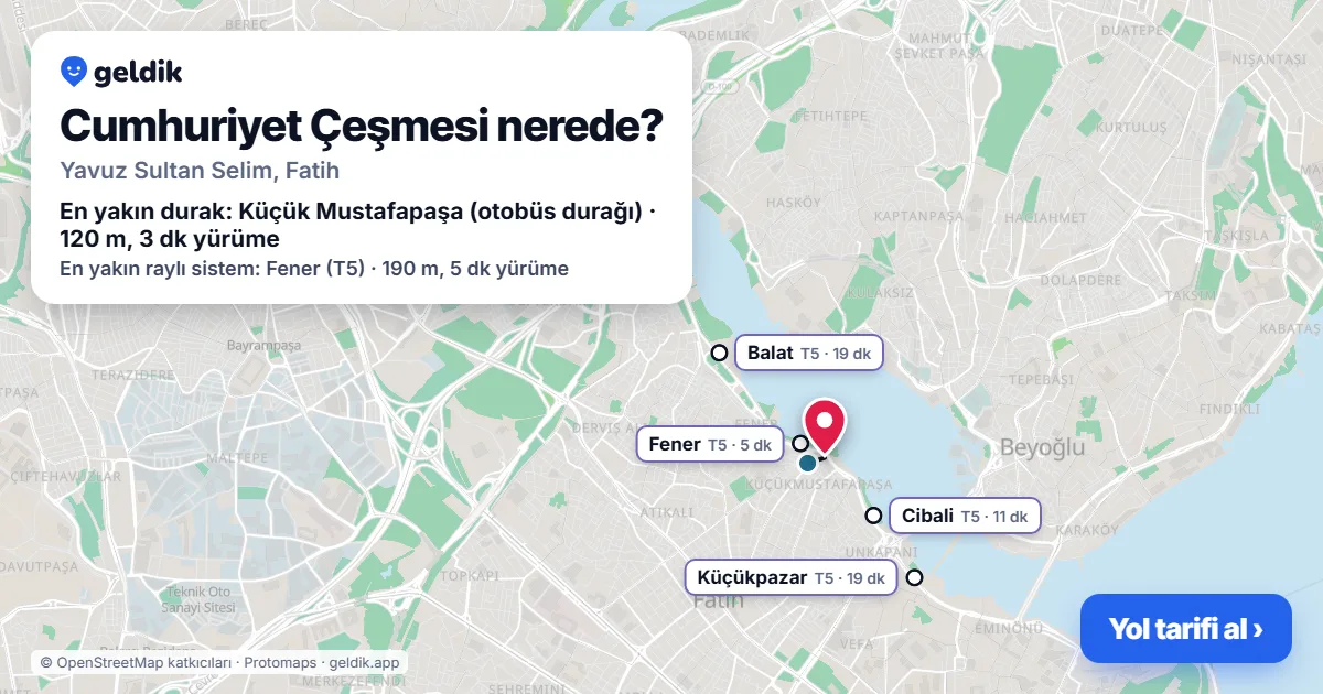 Cumhuriyet Çeşmesi nerede: haritada konumu ve en yakın duraklar, yürüme süreleriyle