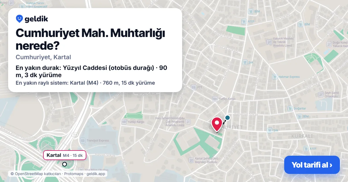 Cumhuriyet Mah. Muhtarlığı nerede: haritada konumu ve en yakın duraklar, yürüme süreleriyle