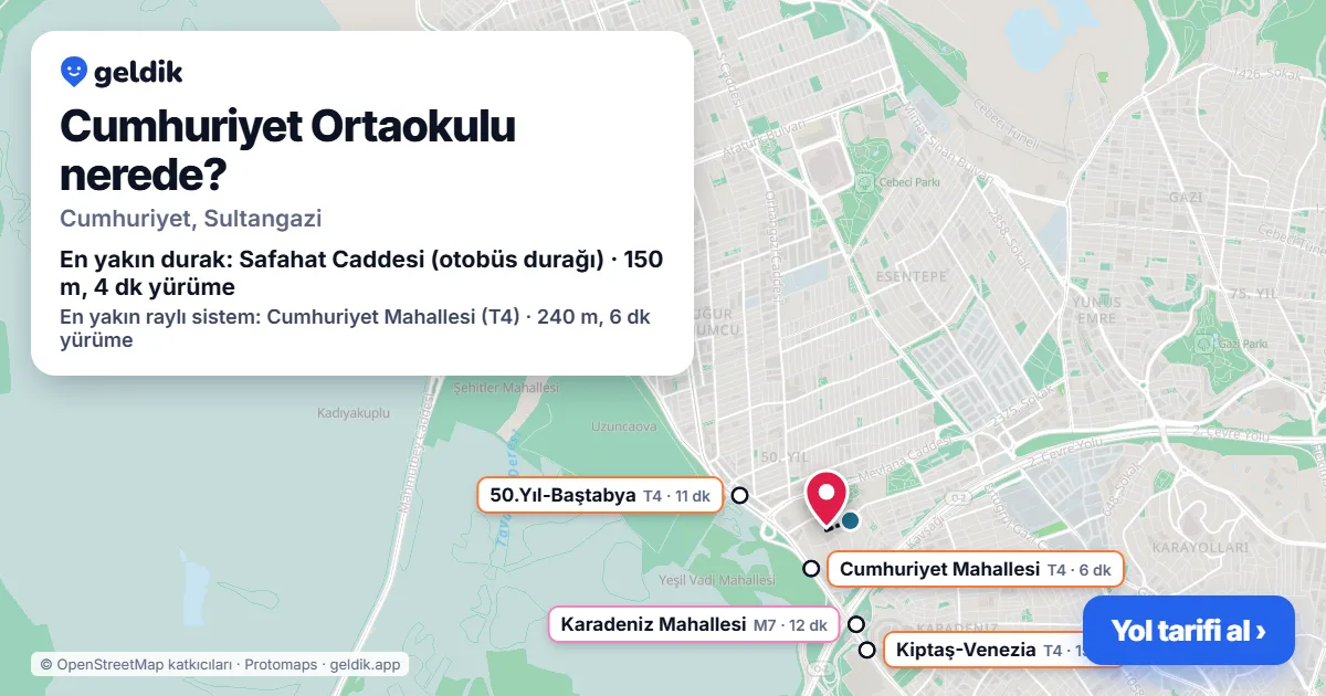 Cumhuriyet Ortaokulu nerede: haritada konumu ve en yakın duraklar, yürüme süreleriyle