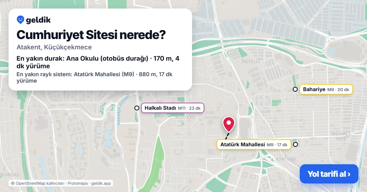 Cumhuriyet Sitesi nerede: haritada konumu ve en yakın duraklar, yürüme süreleriyle
