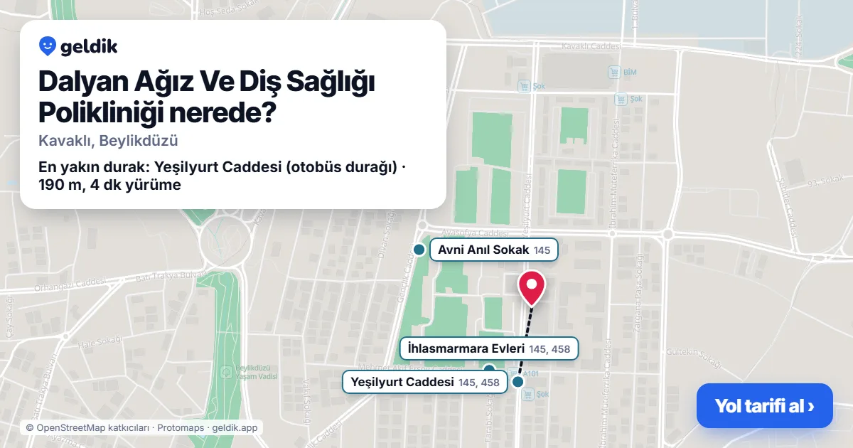 Where is Dalyan Ağız Ve Diş Sağlığı Polikliniği: map with its location and the nearest stops, with walking times