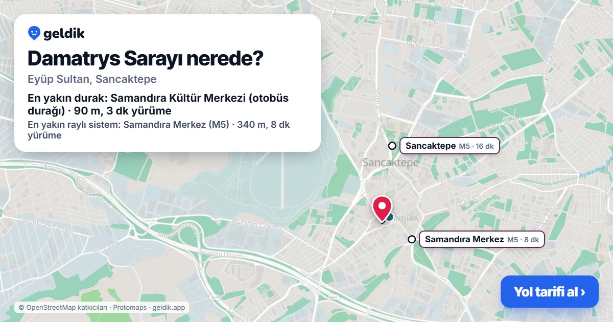 Damatrys Sarayı nerede: haritada konumu ve en yakın duraklar, yürüme süreleriyle