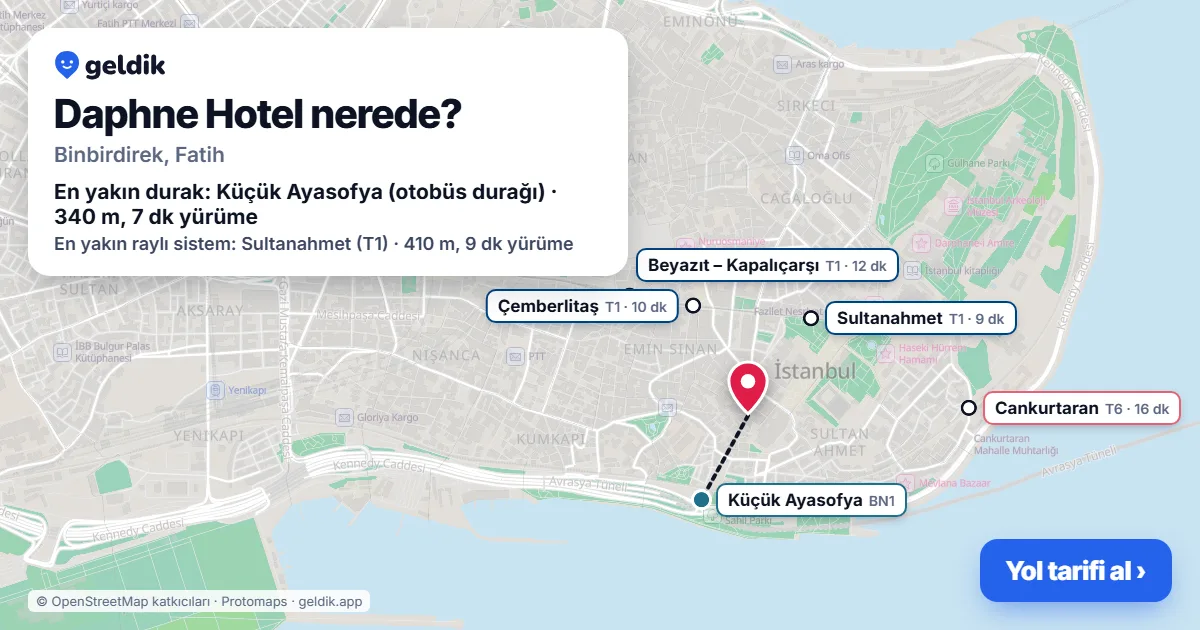 Where is Daphne Hotel: map with its location and the nearest stops, with walking times