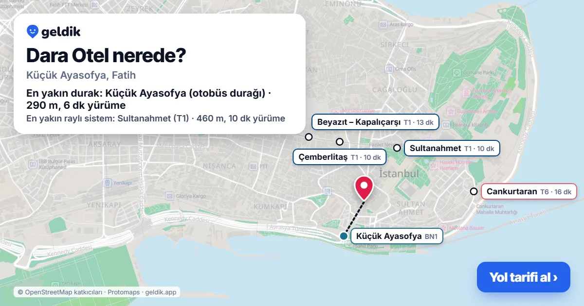 Dara Otel nerede: haritada konumu ve en yakın duraklar, yürüme süreleriyle