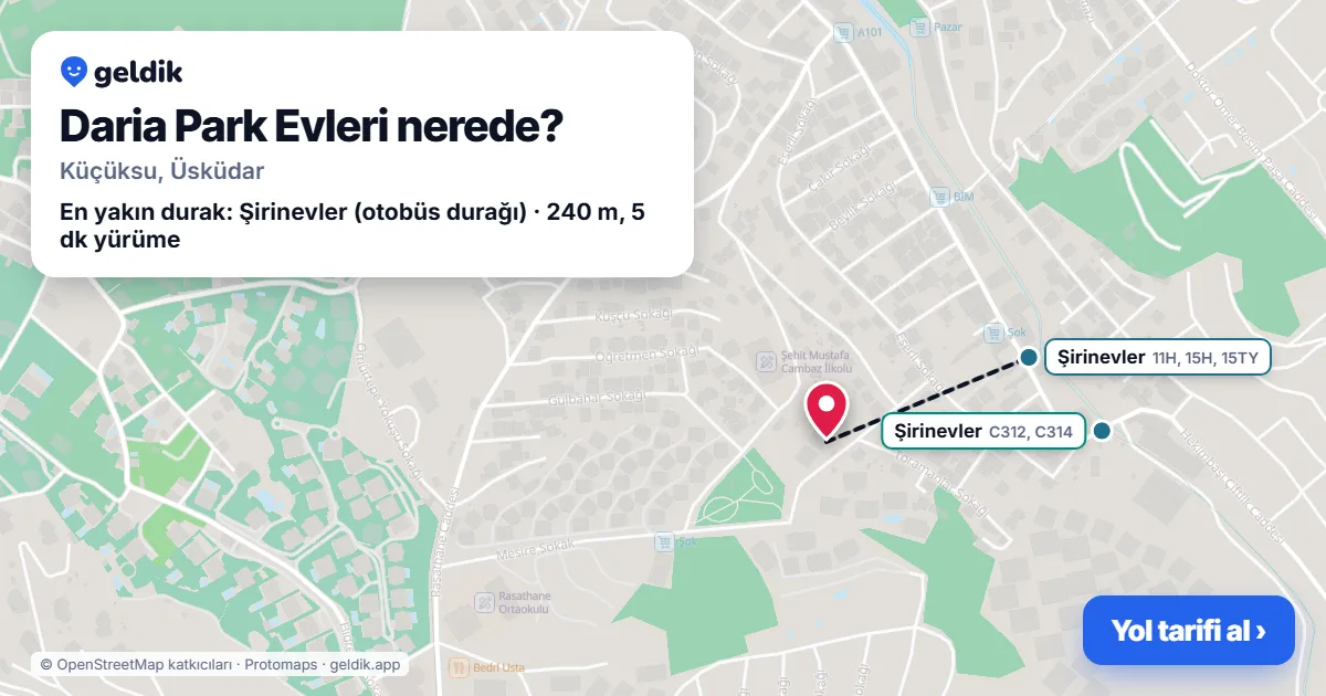 Daria Park Evleri nerede: haritada konumu ve en yakın duraklar, yürüme süreleriyle