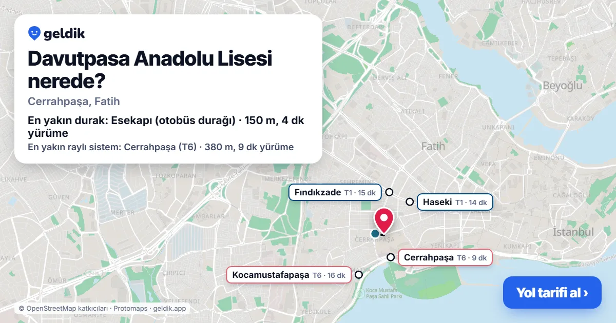 Davutpasa Anadolu Lisesi nerede: haritada konumu ve en yakın duraklar, yürüme süreleriyle