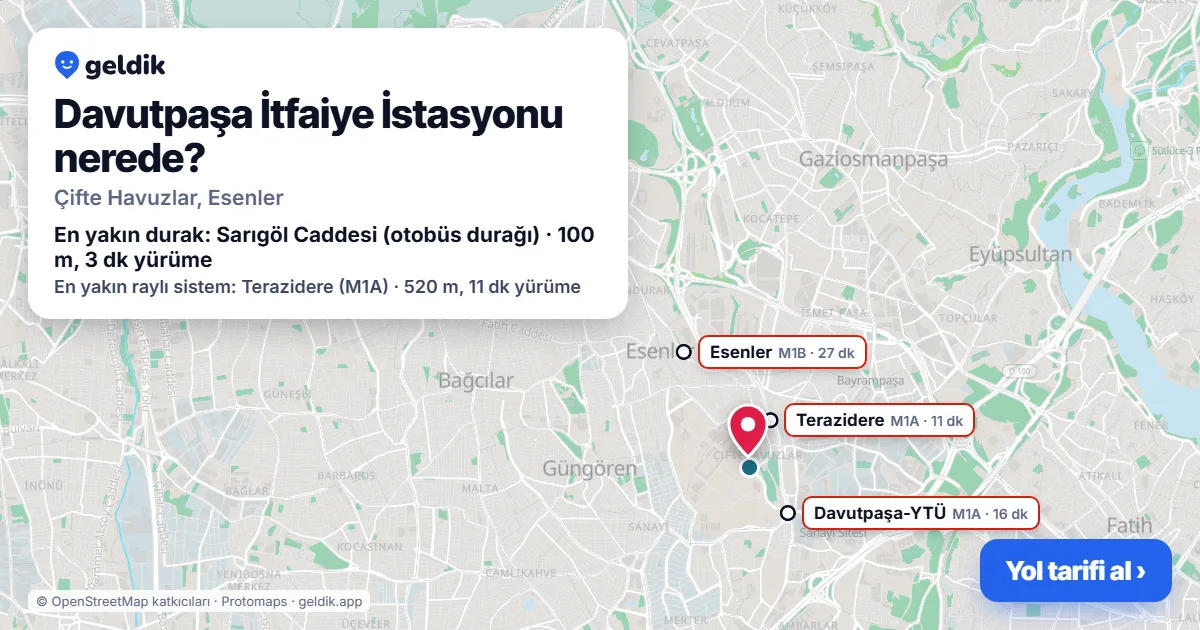 Davutpaşa İtfaiye İstasyonu nerede: haritada konumu ve en yakın duraklar, yürüme süreleriyle