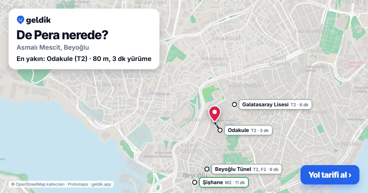 De Pera nerede: haritada konumu ve en yakın duraklar, yürüme süreleriyle
