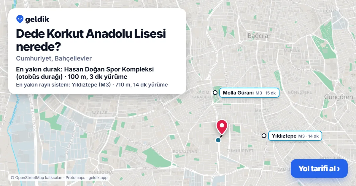 Where is Dede Korkut Anadolu Lisesi: map with its location and the nearest stops, with walking times