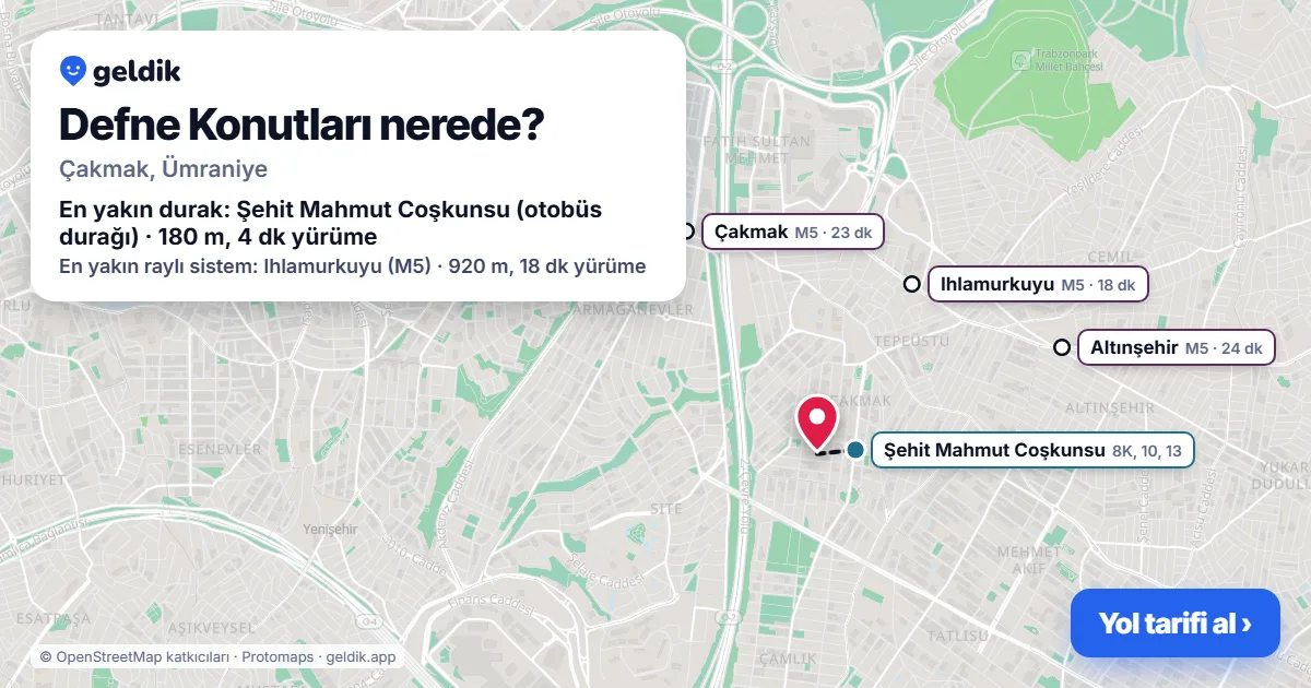 Defne Konutları nerede: haritada konumu ve en yakın duraklar, yürüme süreleriyle