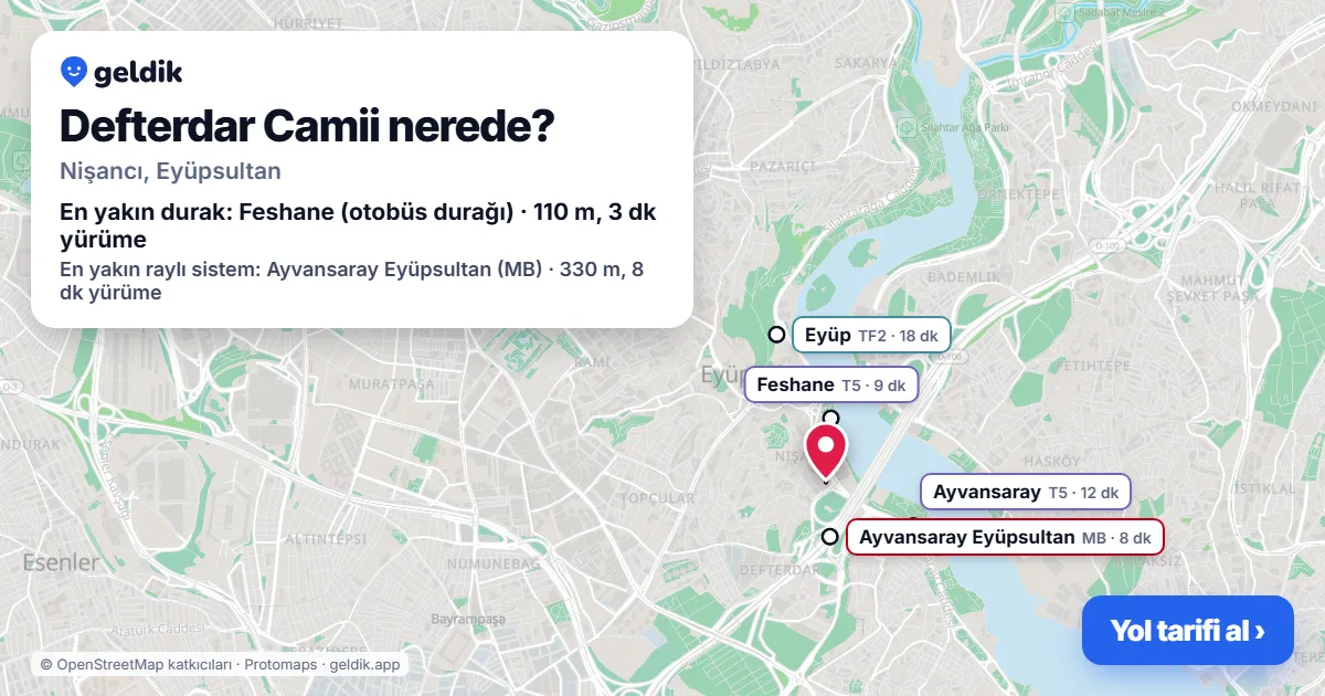 Where is Defterdar Camii: map with its location and the nearest stops, with walking times