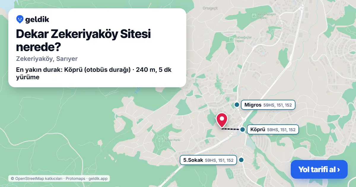 Where is Dekar Zekeriyaköy Sitesi: map with its location and the nearest stops, with walking times