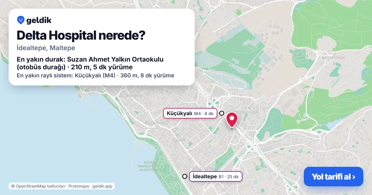 Where is Delta Hospital: map with its location and the nearest stops, with walking times