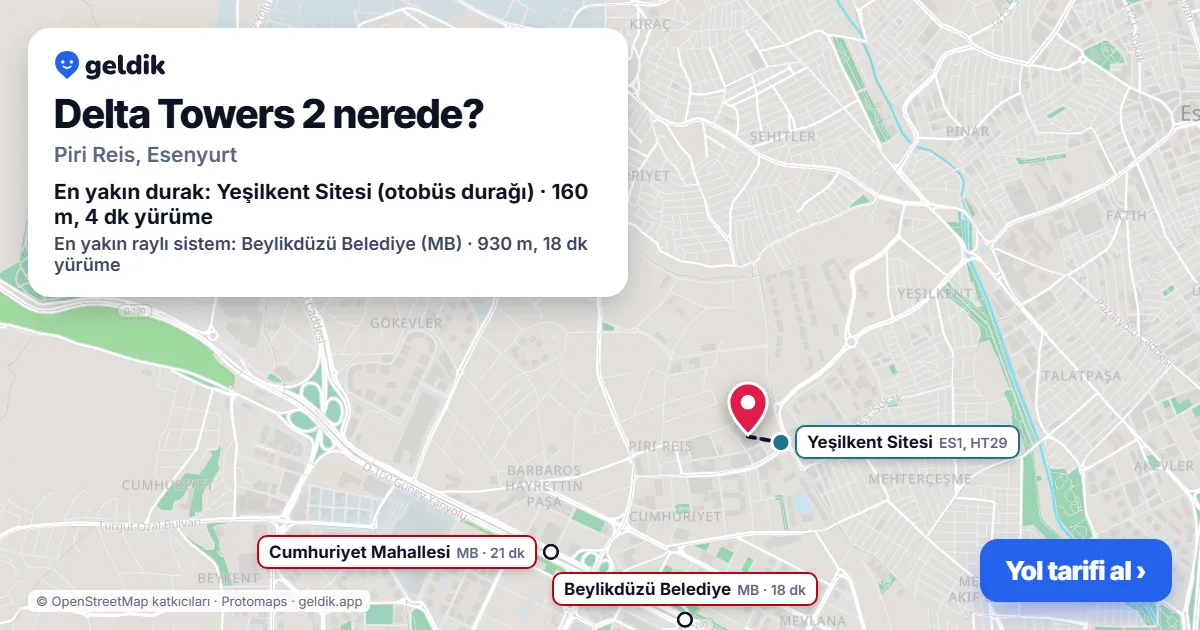 Delta Towers 2 nerede: haritada konumu ve en yakın duraklar, yürüme süreleriyle