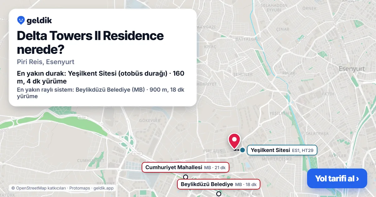 Delta Towers II Residence nerede: haritada konumu ve en yakın duraklar, yürüme süreleriyle