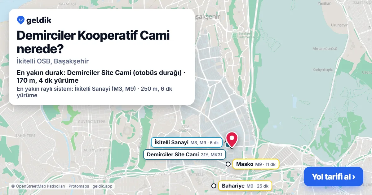 Where is Demirciler Kooperatif Cami: map with its location and the nearest stops, with walking times