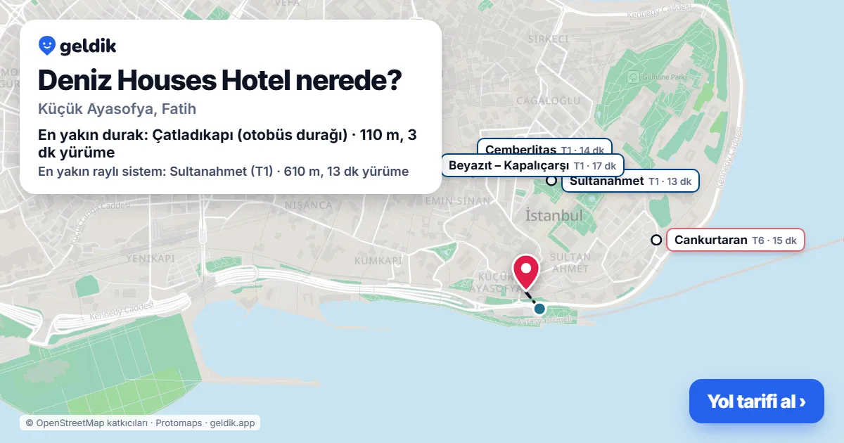 Deniz Houses Hotel nerede: haritada konumu ve en yakın duraklar, yürüme süreleriyle