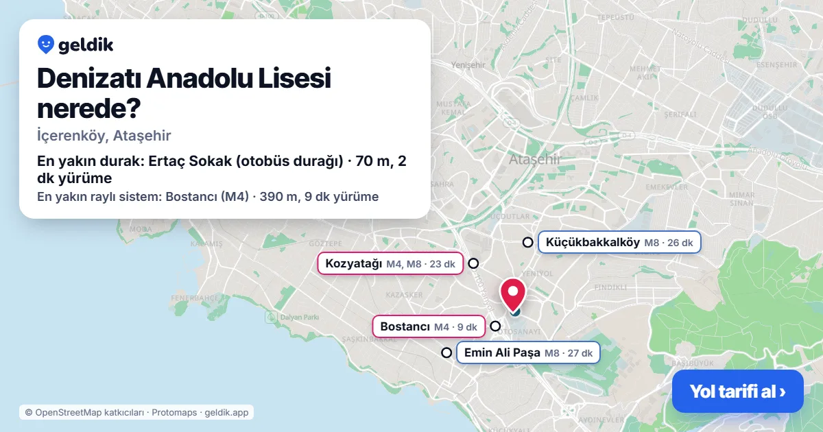 Denizatı Anadolu Lisesi nerede: haritada konumu ve en yakın duraklar, yürüme süreleriyle