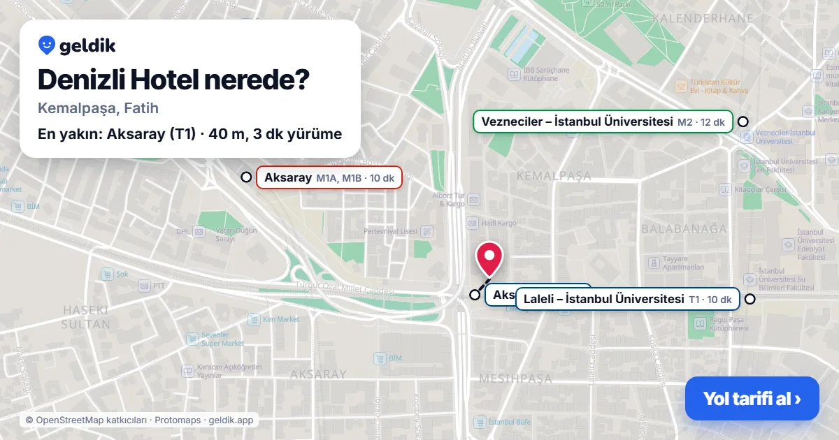 Denizli Hotel nerede: haritada konumu ve en yakın duraklar, yürüme süreleriyle