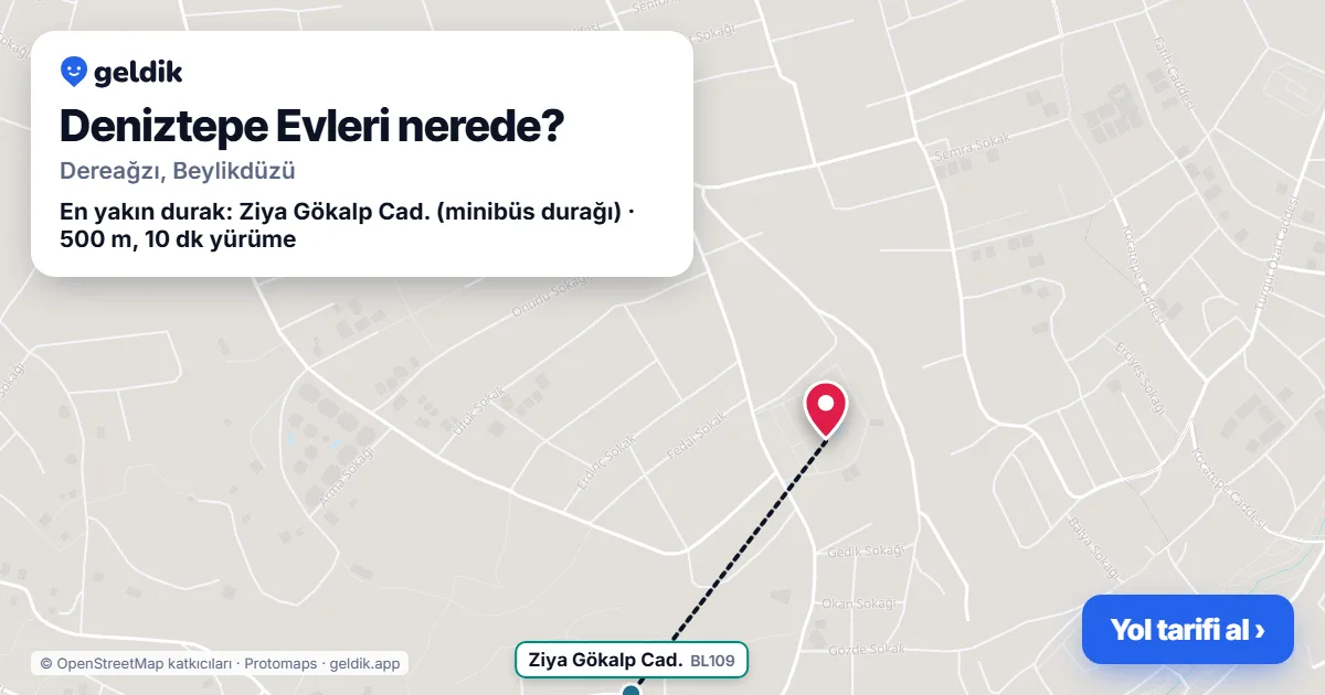 Where is Deniztepe Evleri: map with its location and the nearest stops, with walking times