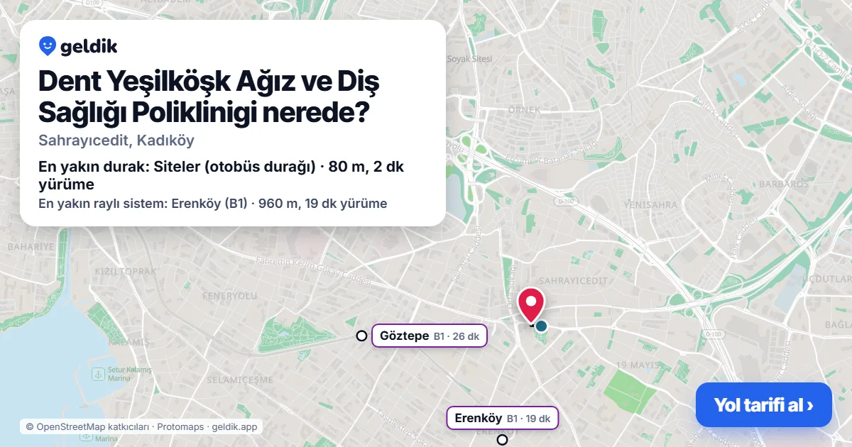 Dent Yeşilköşk Ağız ve Diş Sağlığı Poliklinigi nerede: haritada konumu ve en yakın duraklar, yürüme süreleriyle
