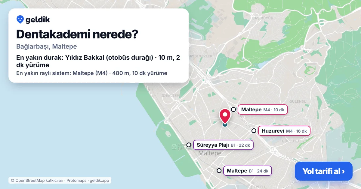 Dentakademi nerede: haritada konumu ve en yakın duraklar, yürüme süreleriyle