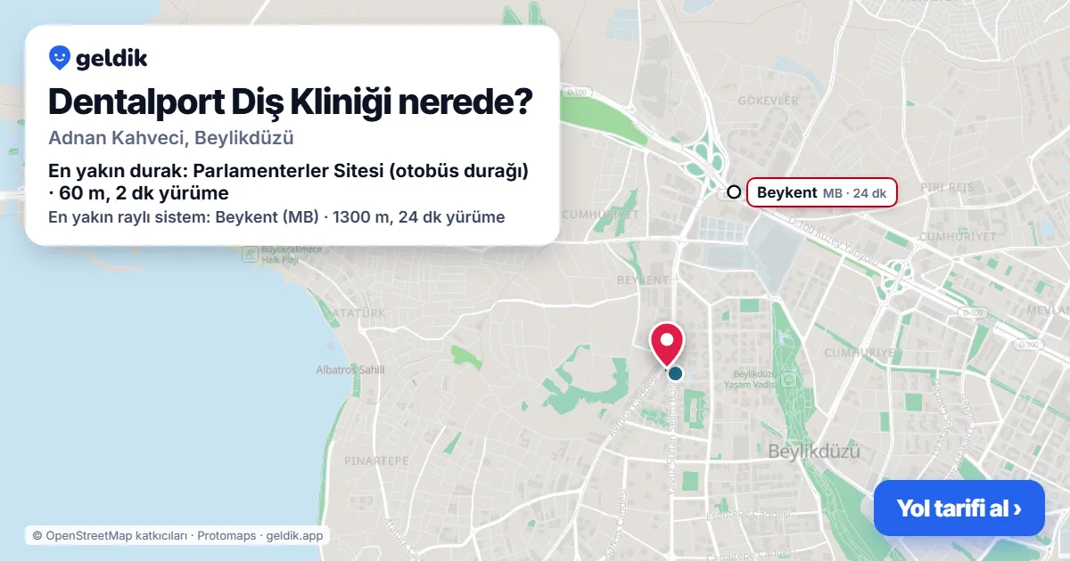 Where is Dentalport Diş Kliniği: map with its location and the nearest stops, with walking times