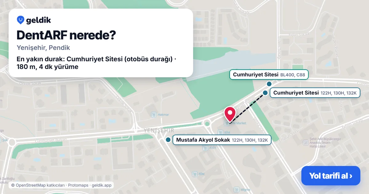 DentARF nerede: haritada konumu ve en yakın duraklar, yürüme süreleriyle