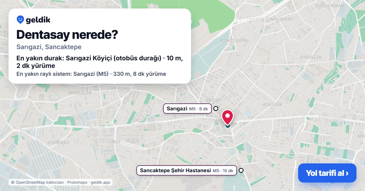Dentasay nerede: haritada konumu ve en yakın duraklar, yürüme süreleriyle
