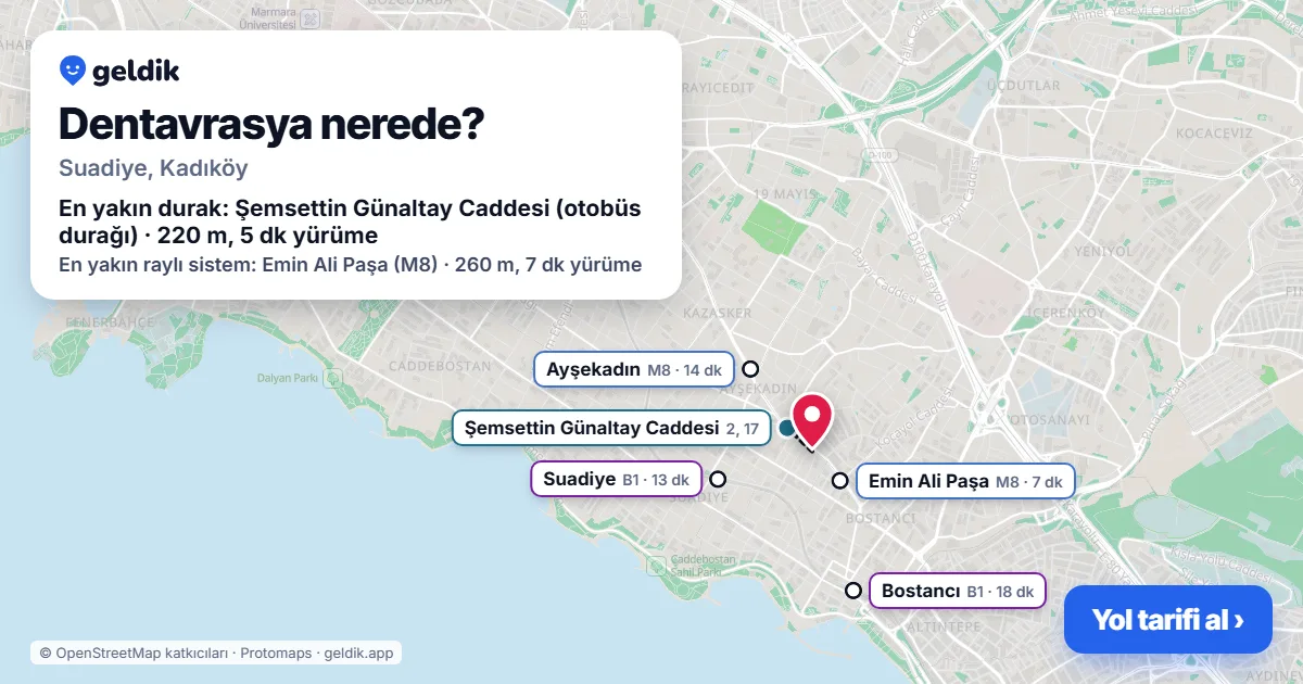 Dentavrasya nerede: haritada konumu ve en yakın duraklar, yürüme süreleriyle