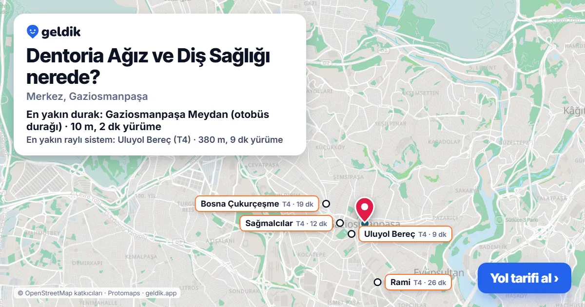 Dentoria Ağız ve Diş Sağlığı nerede: haritada konumu ve en yakın duraklar, yürüme süreleriyle