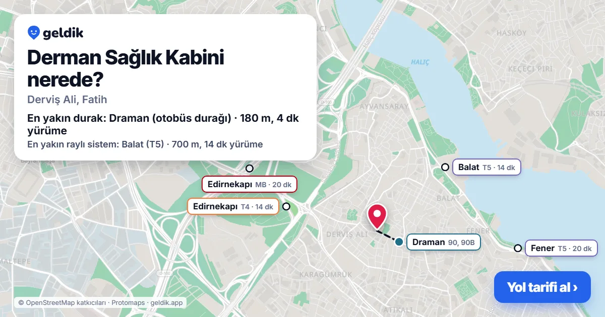 Derman Sağlık Kabini nerede: haritada konumu ve en yakın duraklar, yürüme süreleriyle