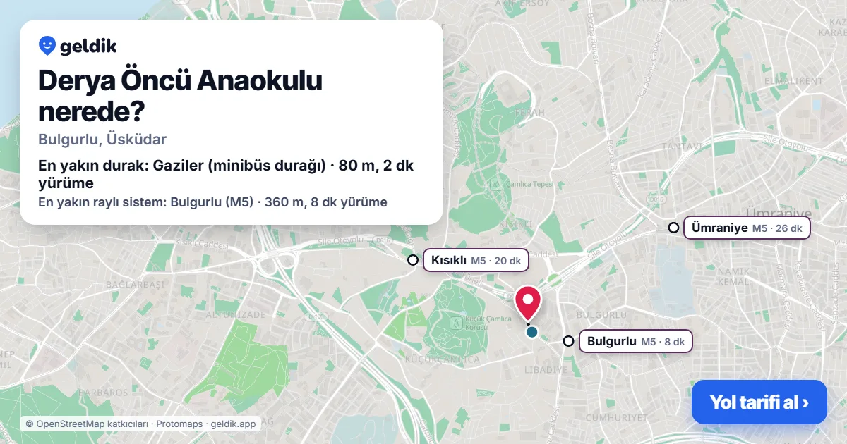 Derya Öncü Anaokulu nerede: haritada konumu ve en yakın duraklar, yürüme süreleriyle