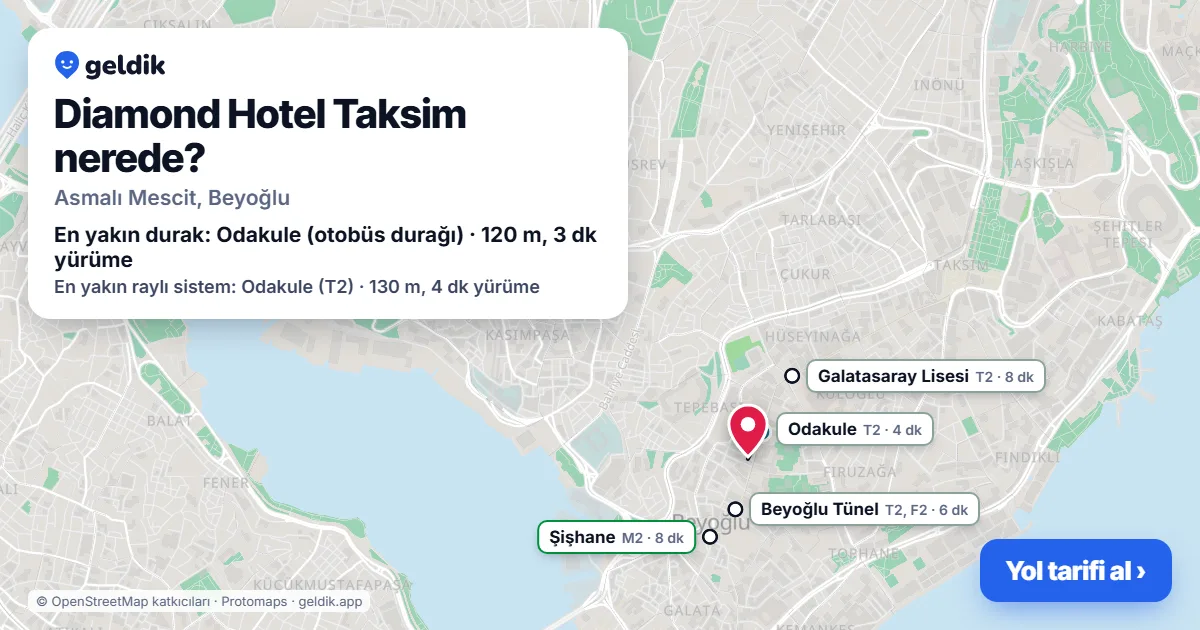 Where is Diamond Hotel Taksim: map with its location and the nearest stops, with walking times